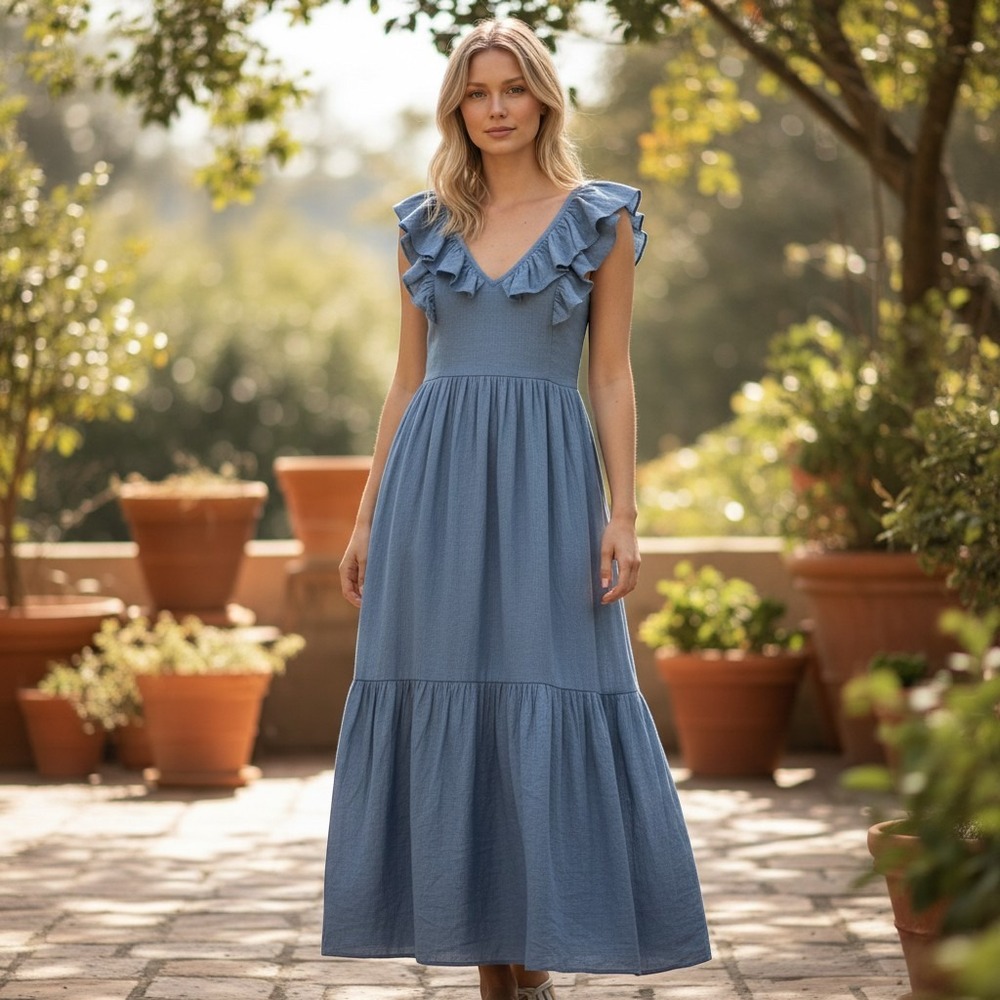 Made in Italy Linen Maxi Dress Womens OS Blue Ruffle Tiered Boho Summer